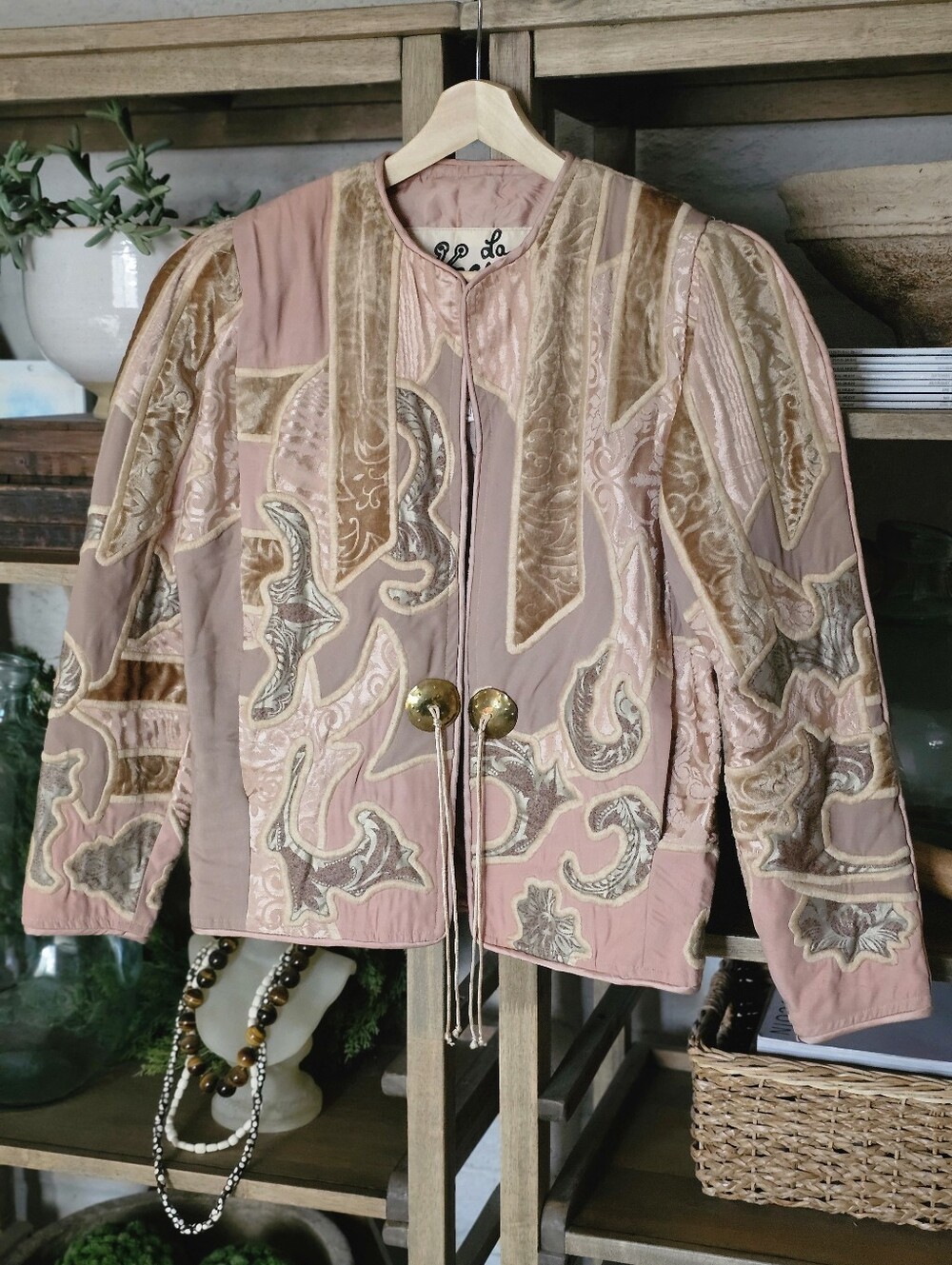 Judith Roberts Vintage Art to Wear Jacket | 1980s Pink Nude Jacquard Velvet M